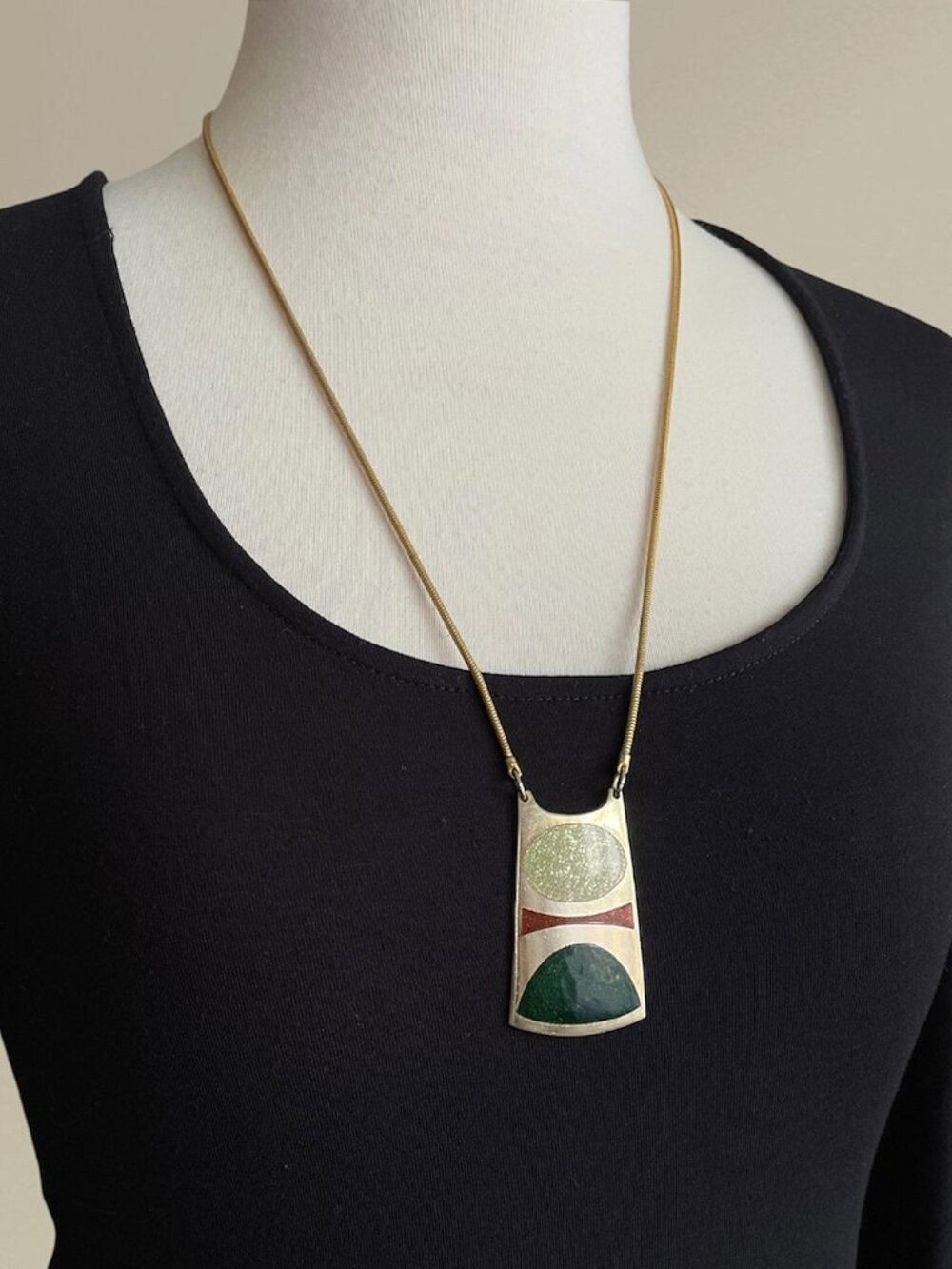 Vintage 70s De Passillé-Sylvestre Gold-Tone Modernist Enamel Pendant Necklace